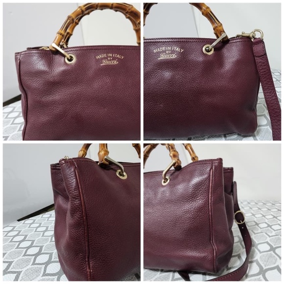 Authentic GUCCI Pebbled Leather Medium Bamboo Shopping Tote Bag Burgundy - Picture 14 of 14